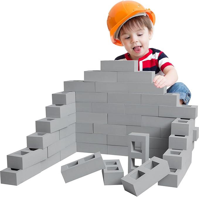 Deekin 30 Pcs Foam Brick Building Blocks for Kids Thick Blocks Foam Large Fake Brick Construction Toy for Stacking Construction, 8 x 4 x 2.4 in (Square Holes)