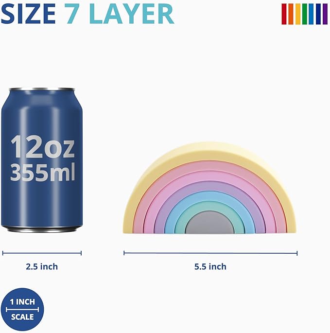 BLUE GINKGO Silicone Rainbow Stacker - Montessori Nesting Puzzle | Kids and Toddler | Stacking Sensory Toys - 7 Layers (Pastel)