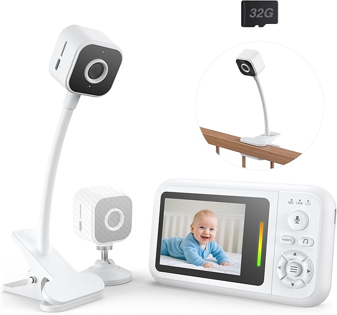 Baby Monitor with Camera and Audio, Baby Monitor No Wifi with Clip for Crib & Stand, Portable 2.8’’ HD Wireless Monitor 1080P Video, NightVision, VOX, 2-Way Audio, 32GB, Temp Sensor & Lullabies