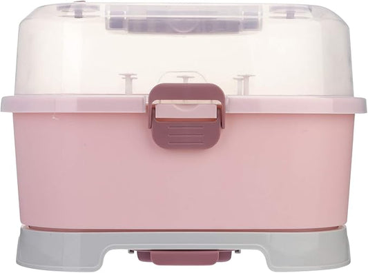 NUOBESTY Portable Baby Bottle Storage Organizer with Cover, Pink Milk Bottle Drying Rack Box for Home and Travel Use, 13.77 X 9.84 X 9.84 Inches