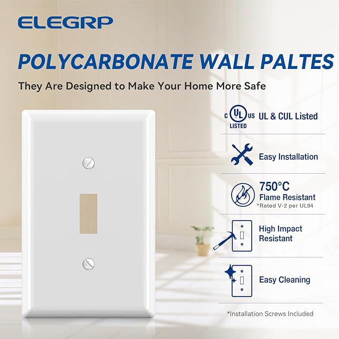 ELEGRP 1-Gang Mid Size Toggle Switch Covers, Light Switch Wall Plate, Unbreakable Polycarbonate Replacement Faceplates Covers, UL Listed, Color-matched Screws Included (2 Pack, Glossy White)