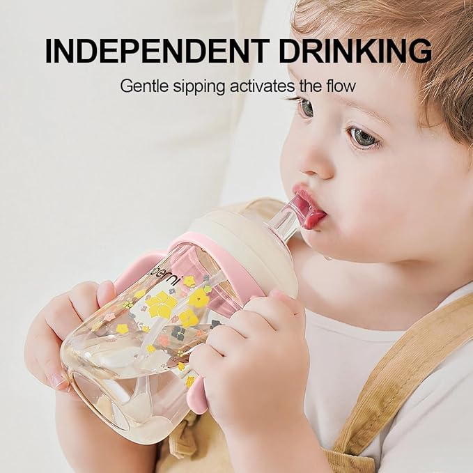 No Spill Sippy Cups,Weighted Straw Toddler Water Bottle with Handle,Spill Proof Toddler Cup with 2 Nipple for Baby 6-12 Months and Toddlers 1-3 (PP, 8 Ounce, Pink, 1 Pack)