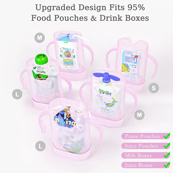 MOMUSE Dual-Lid Squeeze Pouch Holder for Food Pouches & Drink Boxes, Baby Pouch Holder with Larger Capacity, Versatile Design for Self-Feeding, Anti-Squeeze Pouch Holder No Spill No Mess, 2PC Pink
