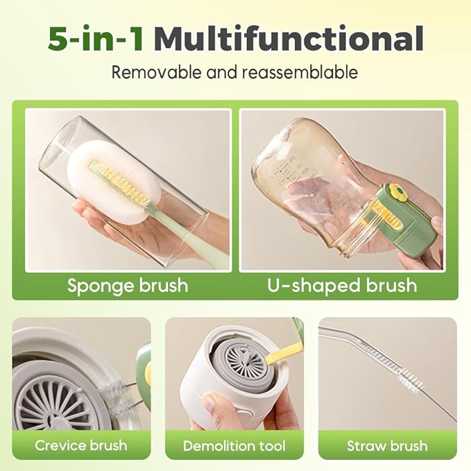 5 in 1 Bottle Cleaning Brush Set, 2025 Multifunctional Lid Brush Cleaning Tool Kitchen, Portable Long Handle Bottles Scrubber for Cup Lids, Hard Bristle Sponge Head Bottle Brushes (White)