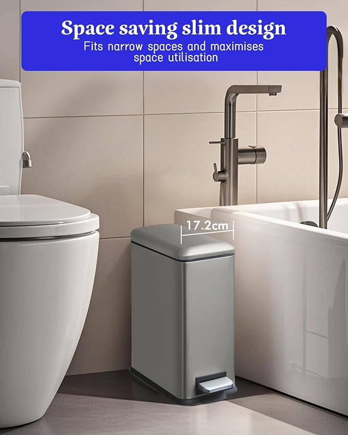 Trash Can, 2.6 Gallon Bathroom Trash Can with Lid, Stainless Steel Garbage Can with Removable Liner, 10 Liter Rectangle Step Trash Bin for Office, Bedroom, Living Room, Dorm, Kohler Grey
