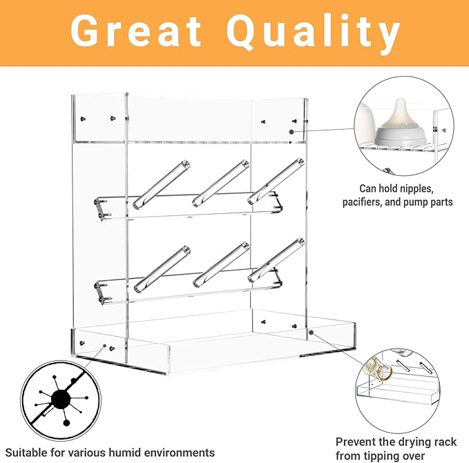 Vertical Baby Bottle Drying Rack, Acrylic Space Saving Baby Bottle Dryer Rack and Baby Accessories Oragnizer for Kitchen Countertop, Quick Drying, Easy Cleanup & Storage, Clear