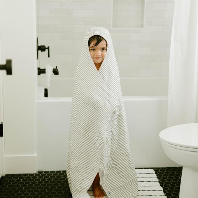 Little Unicorn Premium Hooded Bath Towel| Absorbent Cotton & Terry Blend | Larger Size, 1-6 Years (Grey Stripe)