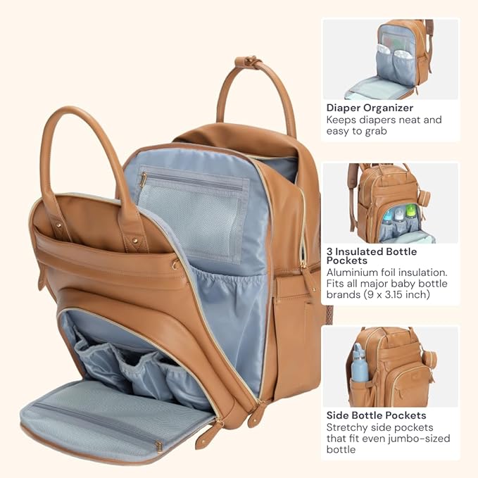 BabbleRoo Leather Diaper Bag Backpack - Baby Essentials Travel Baby Bag, Multi function, Waterproof, with Changing Pad, Stroller Straps & Pacifier Case – Unisex, Light Brown