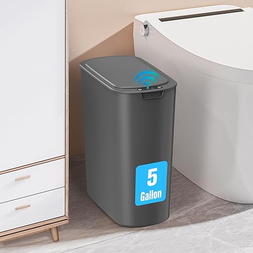 Cesun 5 Gallon Automatic Bathroom Trash Can, Touchless Motion Sensor Garbage Can with Lid, Smart Plastic Slim Wastebasket for Bathroom, Office, rv, Bedroom, Living Room, Grey