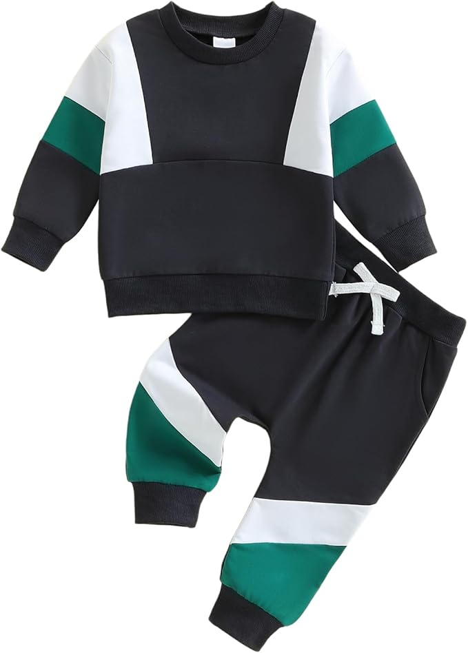 Kupretty Toddler Baby Boy Fall Winter Clothes Color Block Long Sleeve Sweatshirt Pullover Tops + Joggers Pants Outfit Set
