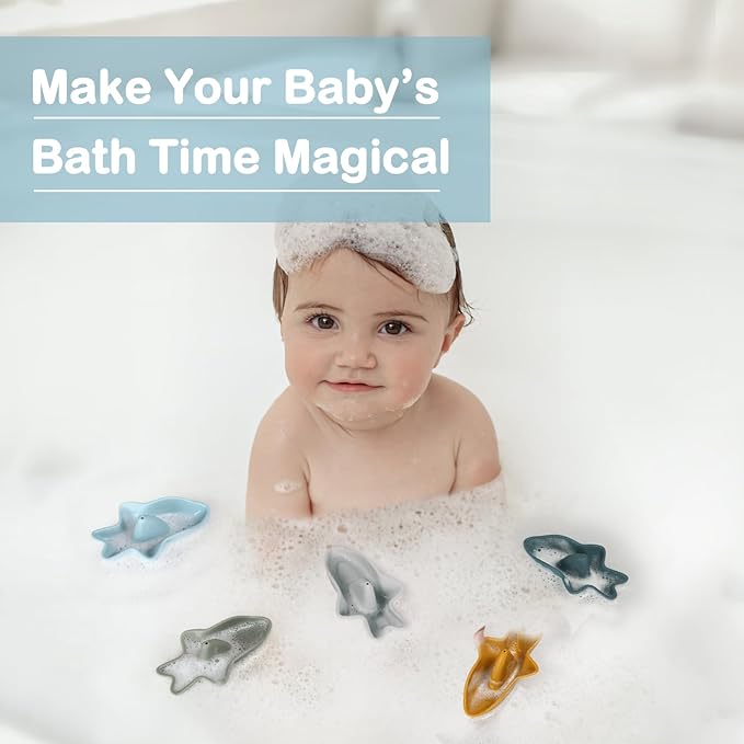 Bessentials Silicone Stackable Baby Shark Boat Bath Toys Set, Mold-Free Floating Bathtub Toys for Baby & Toddler,BPA Free,Set of 5