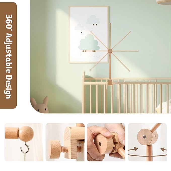 Natural Wooden Crib Mobile Arm - 360° Adjustable Mobile Arm for Crib, Sturdy Mobile Holder for Crib with Anti-Slip Design, Safe Mobile Hanger for Crib Attachment, Nursery Decor for Baby Boy & Girl