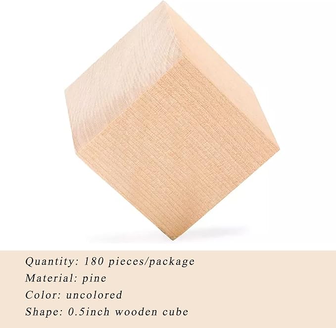 Wood Blocks for Crafting, Unfinished Wood Cubes, 1/2 Inch Natural Wooden Blocks, Pack of 180 Wood Square Blocks, Wooden Cubes for Arts and Crafts and DIY Projects