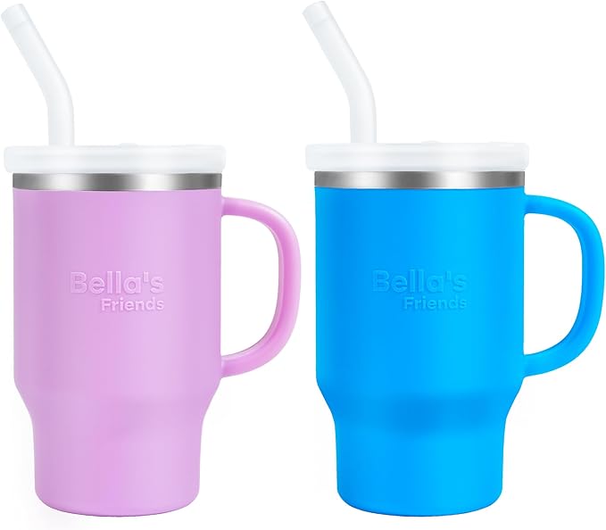 Bella's Friends Handy Mini Tumbler – Adorable 9 oz Toddler Sippy Cup, Stainless Interior & Silicone Body, Leak‑Proof, Dishwasher Safe, Gift for 1-3 Years Old Girls & Boys, 2 Pack, Lilac&Azure Blue