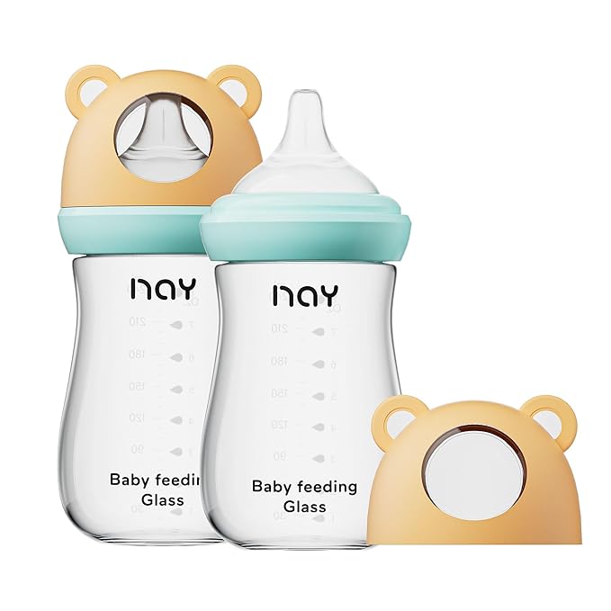 Natural Glass Baby Bottle for Breastfeeding Babies, 8oz Anti-Colic Baby Bottle with Natural Response Nipple(M), Clear, Wide Neck, 2 Pack, 3 Months+