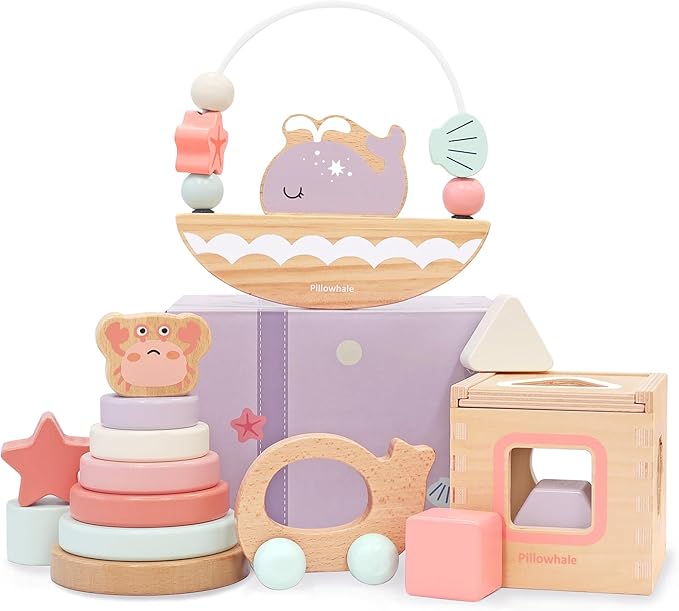 Sensory & Educational Wooden Toy Set for Toddlers 1-3 Years Old - Stacking Rings, Shape Sorter, Push Car, Bead Maze, Montessori Toys for Boys & Girl