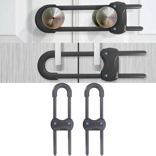 Sliding Cabinet Locks for Babies, Baby Proofing Adjustable U-Shaped Baby Safety Latches for Handles Knobs Drawers, Fridge, Closet, Cupboard, Closet with Secure Lock Buttons,2Pack (Gray)