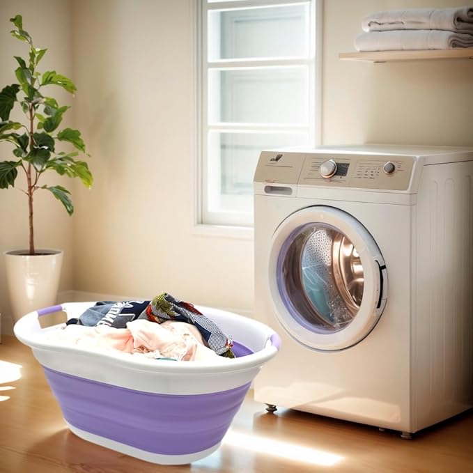 SAMMART 57L (15 Gallons) Collapsible 3-Handled Plastic Laundry Basket - Oval Tub - Portable Washing Tub-Space Saving Laundry Hamper, Water Capacity 44L / 11.6 Gallon (1, Lt. Purple)