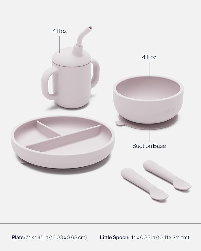 Lalo First Bites Silicone Baby Feeding Set - Baby Led Weaning Supplies - Non-Toxic Silicone - Includes 1 Bib, 2 Spoons, Training Cup, Suction Plate and Bowl - 6 Pieces - Lavender