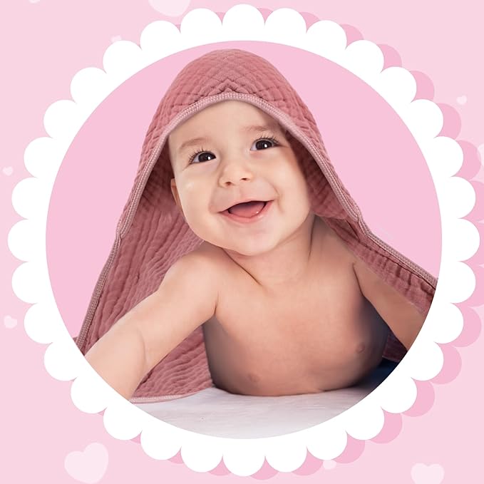 Peryiter 6 Pcs Muslin Hooded Baby Towels, 32"x 32" Cotton Newborn Bath Towel Muslin Infant Baby Blankets Absorbent Unisex Newborn Registry Gift Essentials for Girls Boys (Red)