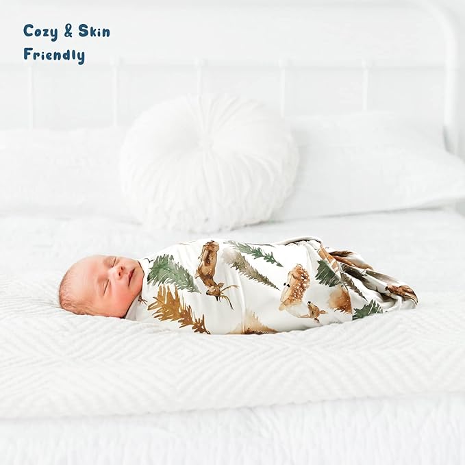 GRSSDER Baby Blankets Super Soft Stretchy Jersey Swaddle Blanket 2 Pack for Girls and Boys, Double Layer Reversible Receiving Blankets 34 x 44, Extra Large for Swaddling, Deer & Beige