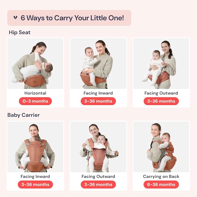 BabbleRoo Grow Carrier – Safety-Certified 6-in-1 Baby Carrier with Hip Seat, Ergonomic & Adjustable Toddler Carrier 7-50 lbs with Hip Support, Hood for Sun Protection, Newborn to Toddler,Kangaroo Rose