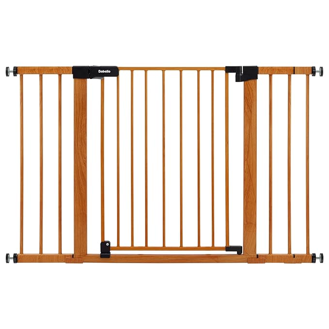 BABELIO 29-48" Metal Baby Gate with Brown Wood Pattern, Auto Close Dog Gate PressGuard P7 for The House, Stairs and Doorways, Pressure Mounted Pet Gate with Door, Safety Gate for Child and Pets
