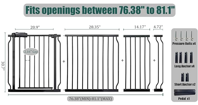 76.3-81 Inch Extra Wide Baby Gate, Pressure Mounted No Drill, Extra Wide Safety Gate for Large Entries, Black Metal with Extension Kit