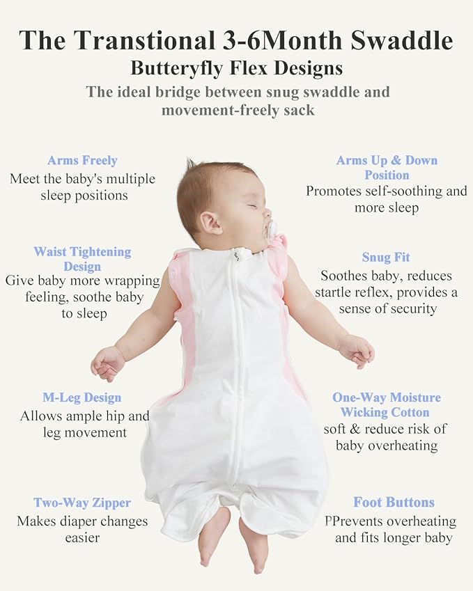 Transition Baby Swaddle 3-6 Months 12-18 lb, Arms In/Out Swaddle Sleep Sack with 2-Way Zipper Moisture-Wicking Fabric, Improves Sleep Snug Fit Helps Calm Startle Reflex,1Pack,Pink