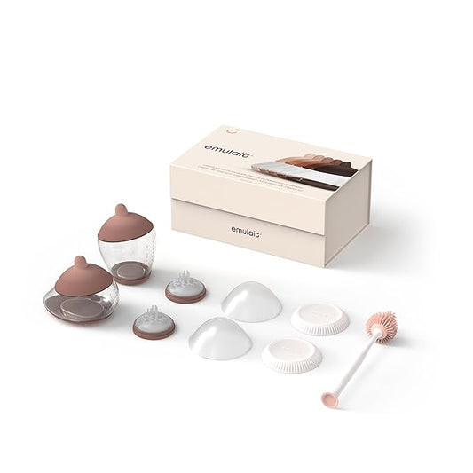 Emulait Baby Bottle Starter Kit Includes 2 Bottles 2 Nipples 2 Caps 2 Lids 2 Responsive Flow Valves, Cleaning Brush - Medium - Shape 2-RFV