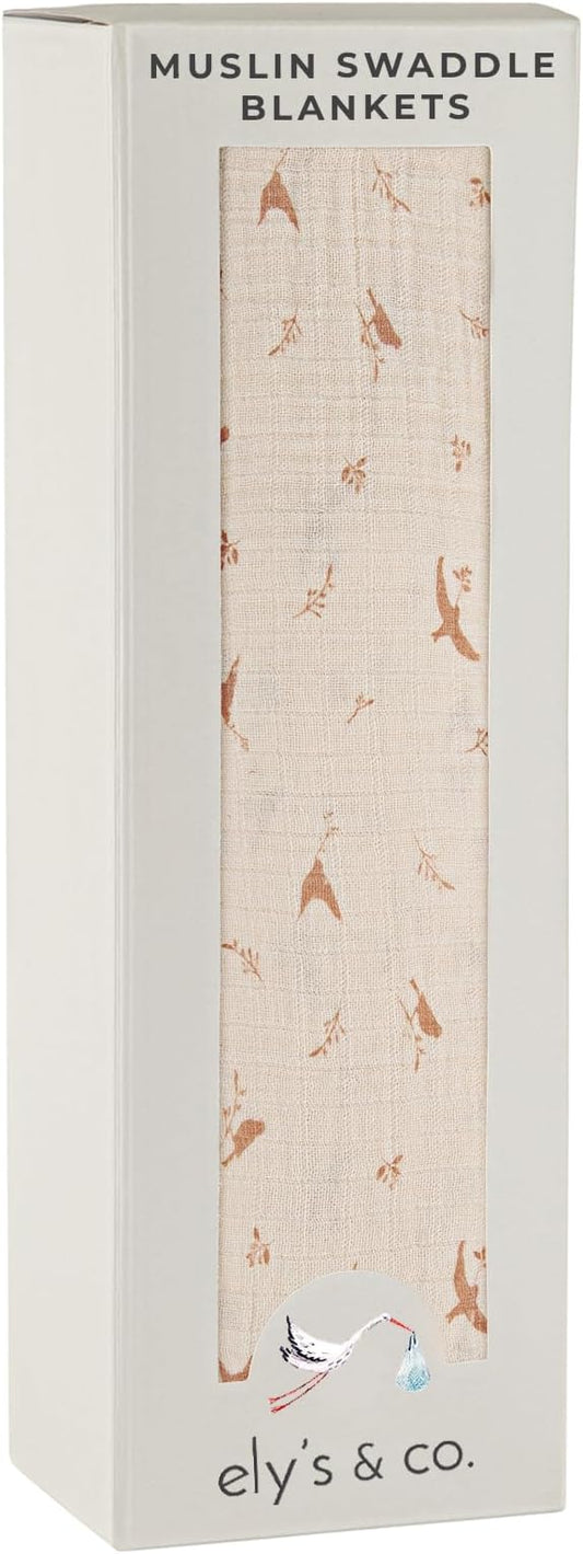 Ely's & Co. Muslin Swaddle Blankets 1-Pack for Baby Girl, 100% Cotton Muslin Extra Large Swaddle Receiving Blanket, 47”x47” (Pink Bird)
