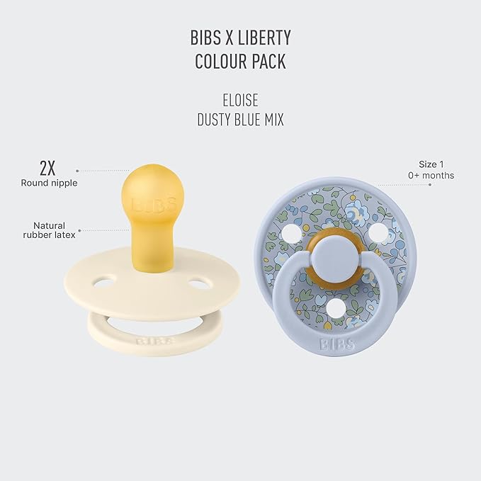 BIBS Colour Liberty Soother 2-Pack, BPA Free Dummy Pacifier, Round Nipple. Natural Rubber Latex, Made in Denmark, Size 1 (0-6 Months), Eloise Dusty Blue