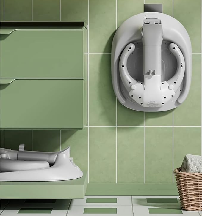 PandaEar Baby Shower Stand | Adjustable Baby Bath Stand with Safety Handle | Foldable Infant Shower Standing Support with Anti-Slip Base for Babies 6-36 Months Newborns & Toddlers (Grey)