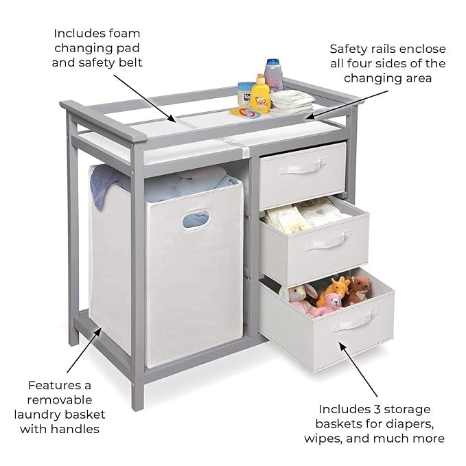 Badger Basket Modern Baby Changing Table - Nursery Furniture with Laundry Hamper and 3 Storage Drawers - Diaper Changing Station with Safety Belt, Changing Pad, and Organizer Baskets - Gray and White