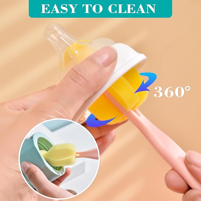 Bottle Brush Cleaner 4PCS Sponge Cleaning Brushes Long Handle Scouring Pad Scrub Brushes for Kitchen Clean Baby Bottle Glasses Mugs Cups (4 Colorful Brush+4 Nipple Brush)
