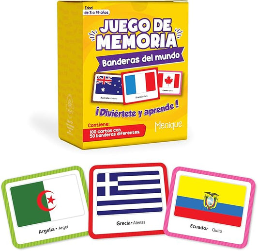 Menique, Juego de Memoria de Banderas del Mundo en español, para niños y adultos. Flags of The World, Memory Matching Game in Spanish, for Kids and Adults, 100 Tiles 50 Pairs.