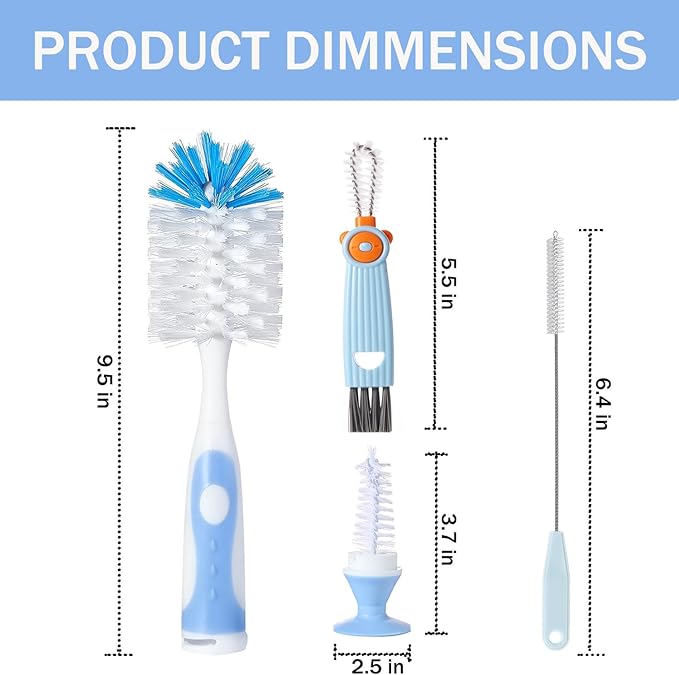 Baby Bottle Brush Set 4 in 1, Baby Bottle Cleaner, with 1P Nylon Bottle Brush, 1P Bottle Cap Brushes, 2P Straw Brushes, Bottle Brush with Nipple Cleaner and Suction Cup, BPA-Free(Blue)