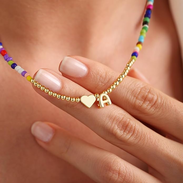 M MOOHAM Stocking Stuffers for Teen Girls Christmas Gifts - Heart Initial Necklaces for Women Kids Colorful Beaded Tiny Heart Initial Choker Necklace Jewelry for Teen Girls Trendy Birthday Gifts