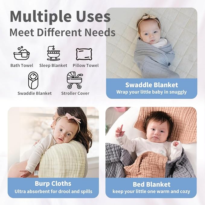 L'Ange Baby Bath Towel - 9 Layers 100% Cotton Muslin, Super Quick Dry, Medical Grade Packaging for Infants and Newborns - 28 x 37in - White