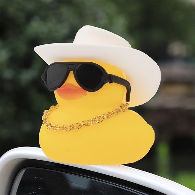wonuu Car Rubber Duck, Yellow Duck Decoration Dashboard with Sun Hat Swim Ring Necklace Sunglasses for Car Dashboard Decorations