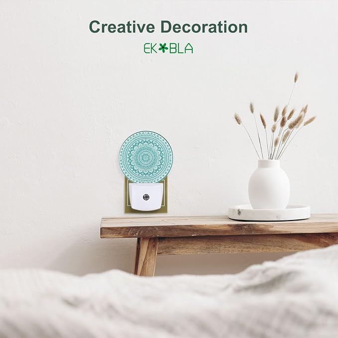 EKOBLA Mandala Night Lights Plug into Wall Teal Green Floral Mandala Flowers Night Light Dusk to Dawn Sensor Led Lamp for Boys Girls Grandma Grandpa