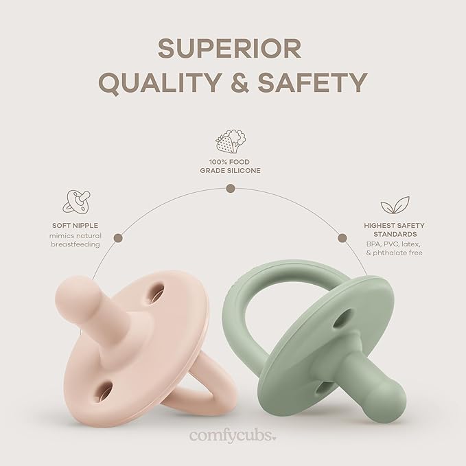 Comfy Cubs Baby Pacifiers, 5 Pack for 0+ Months, Soft Breast-Like Nipple Shape - CPSIA Compliant Silicone Pacifier for Newborns - Girl Pack Baby Essentials - Ideal Newborn Gift Set, Multicolor Neutral