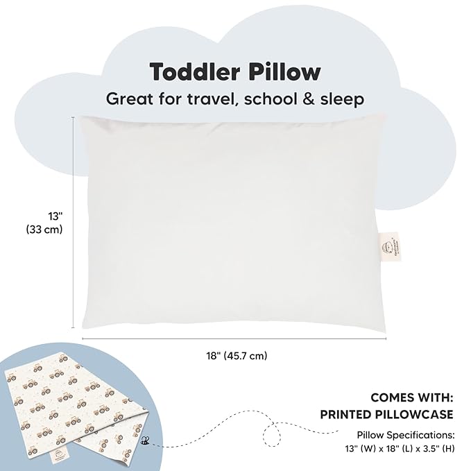 Toddler Pillow with Pillowcase - 13x18 My Little Dreamy Kids Travel Bed Pillows for Sleeping, Organic Cotton Small Pillowcase, Soft & Breathable, Machine Washable, Toddlers 2-5 Years Old (Tractor)