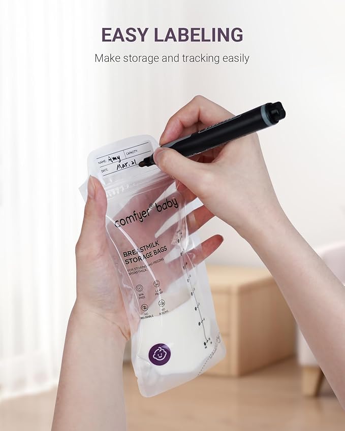 150 Pcs Breastmilk Storage Bags, 8oz Large Capacity, No Leak, Easy Storage with Self Sanding or Lay Flat, in-Out Seperate Design, Recyclable & BPA Free