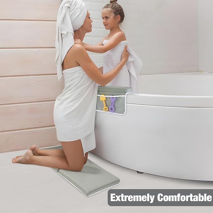 PandaEar Baby Bath Kneeler & Elbow Rest Pad, Comfortable Non-Slip Kneeling Mat Cushion with Toy Organizer Storage Pockets, Foldable Foam Mat for Toddler Bathroom Bathing Time (Grey)