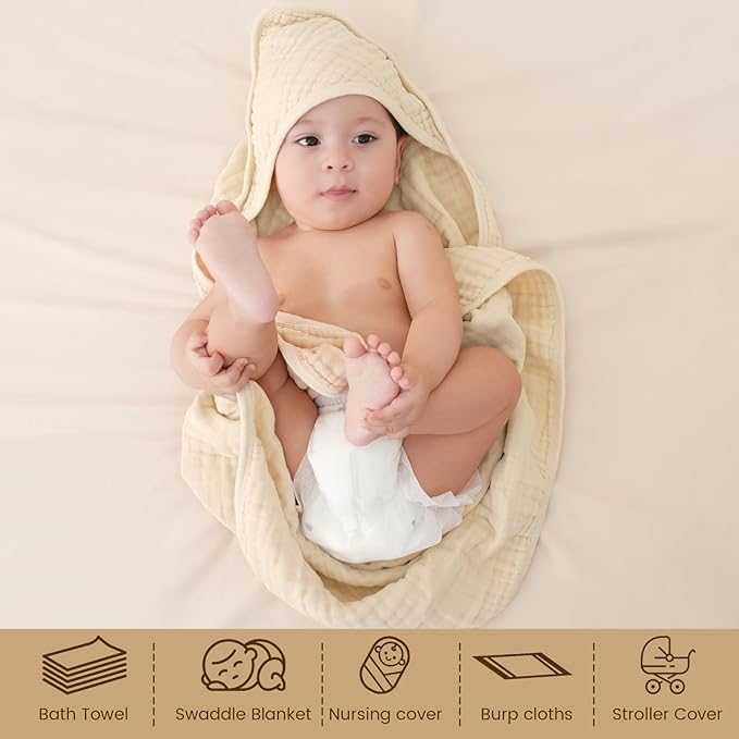 david's kids 2 Pack Hooded Baby Towels, 100% Muslin Cotton 6-Layer Ultra Soft Breathable Absorbent Baby Bath Towels for Infant and Toddler, Newborn Essentials, Large 32x32Inch, Beige & Green