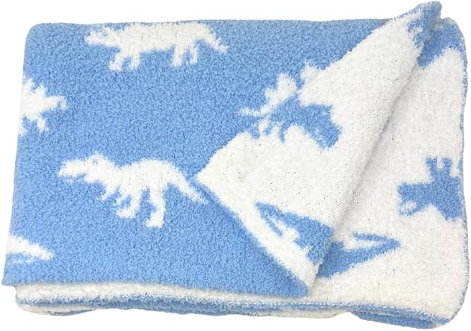 Dinosaur Baby Blanket 28"x40" - DreamSoft Knit Throw for Crib, Stroller or Car Seat - Soft Receiving Blanket/Newborn Nursery Gift Essential for Toddler, Infant, Kids, Boys & Girls (Baby Blue/White)