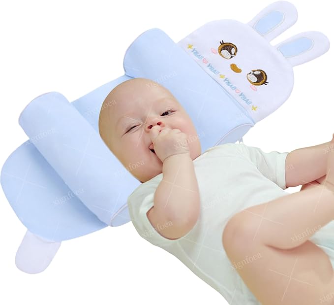 Kariney Baby Pillow, Compariston All-Season Breathable Pillow for Baby Development, Organic Cotton Adjustable Infant Head Cushion (Blue,Rabbit)