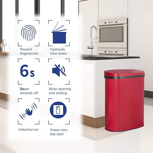 Kitchen Trash Can Bathroom Bedroom Office Garbage Can with Lid Automatic Touch Free Waste Bin Stainless Steel 13 Gallon / 50L,Red