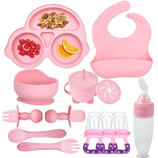 Silicone Baby Feeding Set,Miicasa Baby Led Weaning Supplies Kit With Suction Bowl & Car Plate, Bib, Spoon, Fork, Cup - Food-Grade Silicone, Dishwasher-Safe, No BPAs - For 3+ Months